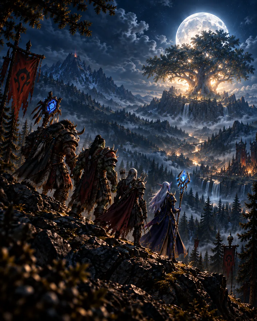 Adventurers overlooking the moonlit world tree